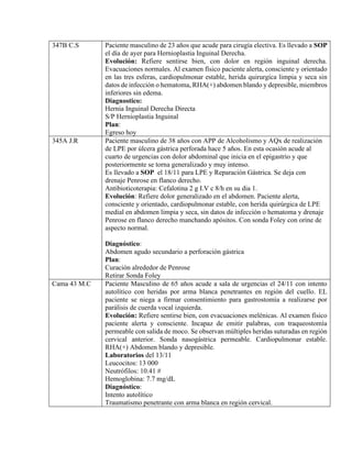 347B C.S Paciente masculino de 23 años que acude para cirugía electiva. Es llevado a SOP
el día de ayer para Hernioplastia Inguinal Derecha.
Evolución: Refiere sentirse bien, con dolor en región inguinal derecha.
Evacuaciones normales. Al examen físico paciente alerta, consciente y orientado
en las tres esferas, cardiopulmonar estable, herida quirurgíca limpia y seca sin
datos de infección o hematoma, RHA(+) abdomen blando y depresible, miembros
inferiores sin edema.
Diagnostico:
Hernia Inguinal Derecha Directa
S/P Hernioplastia Inguinal
Plan:
Egreso hoy
345A J.R Paciente masculino de 38 años con APP de Alcoholismo y AQx de realización
de LPE por úlcera gástrica perforada hace 5 años. En esta ocasión acude al
cuarto de urgencias con dolor abdominal que inicia en el epigastrio y que
posteriormente se torna generalizado y muy intenso.
Es llevado a SOP el 18/11 para LPE y Reparación Gástrica. Se deja con
drenaje Penrose en flanco derecho.
Antibioticoterapia: Cefalotina 2 g I.V c 8/h en su dia 1.
Evolución: Refiere dolor generalizado en el abdomen. Paciente alerta,
consciente y orientado, cardiopulmonar estable, con herida quirúrgica de LPE
medial en abdomen limpia y seca, sin datos de infección o hematoma y drenaje
Penrose en flanco derecho manchando apósitos. Con sonda Foley con orine de
aspecto normal.
Diagnóstico:
Abdomen agudo secundario a perforación gástrica
Plan:
Curación alrededor de Penrose
Retirar Sonda Foley
Cama 43 M.C Paciente Masculino de 65 años acude a sala de urgencias el 24/11 con intento
autolítico con heridas por arma blanca penetrantes en región del cuello. EL
paciente se niega a firmar consentimiento para gastrostomía a realizarse por
parálisis de cuerda vocal izquierda.
Evolución: Refiere sentirse bien, con evacuaciones melénicas. Al examen físico
paciente alerta y consciente. Incapaz de emitir palabras, con traqueostomía
permeable con salida de moco. Se observan múltiples heridas suturadas en región
cervical anterior. Sonda nasogástrica permeable. Cardiopulmonar estable.
RHA(+) Abdomen blando y depresible.
Laboratorios del 13/11
Leucocitos: 13 000
Neutrófilos: 10.41 #
Hemoglobina: 7.7 mg/dL
Diagnóstico:
Intento autolítico
Traumatismo penetrante con arma blanca en región cervical.
 