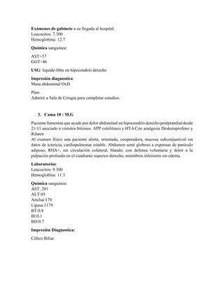 Exámenes de gabinete a su llegada al hospital.
Leucocitos: 7.300
Hemoglobina: 12.7
Química sanguínea:
AST=37
GGT=46
USG: liquido libre en hipocondrio derecho
Impresión diagnostica:
Masa abdominal OxD
Plan:
Admitir a Sala de Cirugía para completar estudios.
3. Cama 18 : M.G
Paciente femenina que acude por dolor abdominal en hipocondrio derecho postprandial desde
21/11 asociado a vómitos biliosos. APP colelitiasis y HTACon analgesia Desketoprofeno y
Rilaten
Al examen físico una paciente alerta, orientada, cooperadora, mucosa subconjuntival sin
datos de ictericia, cardiopulmonar estable. Abdomen semi globoso a expensas de panículo
adiposo, RHA+, sin circulación colateral, blando, con defensa voluntaria y dolor a la
palpación profunda en el cuadrante superior derecho, miembros inferiores sin edema.
Laboratorios:
Leucocitos: 9.300
Hemoglobina: 11.3
Química sanguínea:
AST: 201
ALT:85
Amilsa:179
Lipasa:1179
BT:0.8
BI:0.1
BD:0.7
Impresión Diagnostica:
Cólico Biliar
 