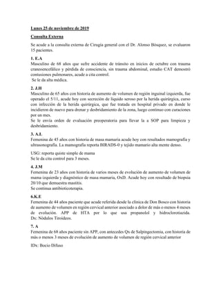 Lunes 25 de noviembre de 2019
Consulta Externa
Se acude a la consulta externa de Cirugía general con el Dr. Alonso Bósquez, se evaluaron
15 pacientes.
1. E.A
Masculino de 68 años que sufre accidente de tránsito en inicios de octubre con trauma
craneoencefálico y pérdida de consciencia, sin trauma abdominal, estudio CAT demostró
contusiones pulmonares, acude a cita control.
Se le da alta médica.
2. J.H
Masculino de 65 años con historia de aumento de volumen de región inguinal izquierda, fue
operado el 5/11, acude hoy con secreción de líquido seroso por la herida quirúrgica, curso
con infección de la herida quirúrgica, que fue tratada en hospital privado en donde le
incidieron de nuevo para drenar y desbridamiento de la zona, luego continuo con curaciones
por un mes.
Se le envía orden de evaluación preoperatoria para llevar la a SOP para limpieza y
desbridamiento.
3. A.L
Femenina de 45 años con historia de masa mamaria acude hoy con resultados mamografía y
ultrasonografía. La mamografía reporta BIRADS-0 y tejido mamario alta mente denso.
USG: reporta quiste simple de mama
Se le da cita control para 3 meses.
4. J.M
Femenina de 23 años con historia de varios meses de evolución de aumento de volumen de
mama izquierda y diagnóstico de masa mamaria, OxD. Acude hoy con resultado de biopsia
20/10 que demuestra mastitis.
Se continua antibioticoterapia.
6.K.E
Femenina de 44 años paciente que acude referida desde la clínica de Don Bosco con historia
de aumento de volumen en región cervical anterior asociado a dolor de más o menos 4 meses
de evolución. APP de HTA por lo que usa propanolol y hidroclorotiazida.
Dx: Nódulos Tiroideos.
7. A
Femenina de 68 años paciente sin APP, con antecedes Qx de Salpingectomia, con historia de
más o menos 3 meses de evolución de aumento de volumen de región cervical anterior
IDx: Bocio Difuso
 