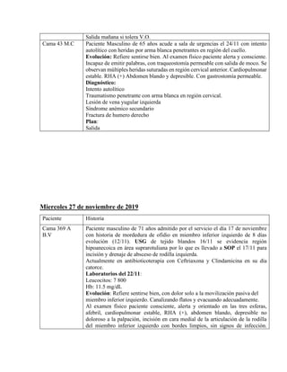 Salida mañana si tolera V.O.
Cama 43 M.C Paciente Masculino de 65 años acude a sala de urgencias el 24/11 con intento
autolítico con heridas por arma blanca penetrantes en región del cuello.
Evolución: Refiere sentirse bien. Al examen físico paciente alerta y consciente.
Incapaz de emitir palabras, con traqueostomía permeable con salida de moco. Se
observan múltiples heridas suturadas en región cervical anterior. Cardiopulmonar
estable. RHA (+) Abdomen blando y depresible. Con gastrostomía permeable.
Diagnóstico:
Intento autolítico
Traumatismo penetrante con arma blanca en región cervical.
Lesión de vena yugular izquierda
Síndrome anémico secundario
Fractura de humero derecho
Plan:
Salida
Miercoles 27 de noviembre de 2019
Paciente Historia
Cama 369 A
B.V
Paciente masculino de 71 años admitido por el servicio el día 17 de noviembre
con historia de mordedura de ofidio en miembro inferior izquierdo de 8 días
evolución (12/11). USG de tejido blandos 16/11 se evidencia región
hipoanecoica en área suprarotuliana por lo que es llevado a SOP el 17/11 para
incisión y drenaje de absceso de rodilla izquierda.
Actualmente en antibioticoterapia con Ceftriaxona y Clindamicina en su día
catorce.
Laboratorios del 22/11:
Leucocitos: 7 800
Hb: 11.5 mg/dL
Evolución: Refiere sentirse bien, con dolor solo a la movilización pasiva del
miembro inferior izquierdo. Canalizando flatos y evacuando adecuadamente.
Al examen físico paciente consciente, alerta y orientado en las tres esferas,
afebril, cardiopulmonar estable, RHA (+), abdomen blando, depresible no
doloroso a la palpación, incisión en cara medial de la articulación de la rodilla
del miembro inferior izquierdo con bordes limpios, sin signos de infección.
 