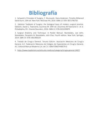 1. Schwartz's Principles of Surgery. F. Brunicardi, Dana Andersen, Timothy Billiarand
David Dunn; 10th ed. New York. McGraw-Hill, 2014. ISBN-13: 978- 0071796750
2. .Sabiston Textbook of Surgery: the biological basis of modern surgical practice.
Sabiston, David C, Townsend, Courtney M. 20th ed. /Courtney M.Townsend Jr. et al.
Philadelphia, PA : Elsevier/Saunders, 2016. ISBN-13: 978-0323299879
3. Surgical Anatomy and Technique: A Pocket Manual. Skandalakis, Lee John;
Skandalakis, Panajiotis N; Skandalakis, John Elias. Fourth edition. New York: Springer,
2014. ISBN-13: 978-1461485629
4. Tratado de Cirugía General. Tercera Edición. Asociación Mexicana de Cirugía
General, A.C. Federación Mexicana de Colegios de Especialistas en Cirugía General,
A.C. Editorial Manual Moderno S.A. de C.V. ISBN 978607448579-0
5. https://www.topdoctors.es/articulos-medicos/categoria/cirugia-general-1467/
 
