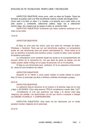 BITACORA DE TIC TECNICATURA TIEMPO LIBRE Y RECREACIÒN
LILIANA MARIBEL JARAMILLO PAG: 3
ASPECTOS OBJETIVOS vimos como subir un video de Youtube .Todos los
formatos se pueden subir a la Web de diferente manera a través del Google Drive.
Como subir a la Web un video: ir a Youtube .a la derecha voy a subir video y me
pide usuario y contraseña, seleccionar público, luego voy a seleccionar
archivo,.hago clic y espero que se cargue el video, le ponemos titulo.
ASPECTOS SUBJETIVOS Comprendí que todos podemos participar en un
video en las redes.
13-9-16
ASPECTOS OBJETIVOS:
El Blog no sirve para dar avisos, para eso están los mensajes de textos,
Whatsapp o facebook. Tiene que ser una herramienta cognitiva. La computadora
puede ser una herramienta para una función administrativa Ej. Pasar textos en la
que se beneficia el docente para beneficio propio .Cuando la utilizo como asistente
es beneficio para todos.
La computadora como asistente digital nos asiste en el acompañamiento del
proceso dentro de la recreación Ej.: con qué clase de gente se trabaja, con las
cuales puedan utilizar el Blog con un grupo de personas con un fin educativo.
El blog es una herramienta para participar. En la se adquieren conocimiento
Ej.: ideas de como fortalecer las clases
ASPECTOS SUBJETIVOS
Despertó en mi interés a como puedo realizar mi puedo realizar mi propio
blog .El crear un personaje que lleve a familias a disfrutar de paisajes y juegos. .
20-9-16
ASPECTOS OBJETIVOS
La aplicación blog la ubicamos en el mosaico a la derecha, hago clic en mas
y llego a BLOGGER. Crear blog aparece TÍTULO completamos nuestro título “LILIT”
.Completamos el Link que queremos que tenga y le damos crear blog
,elegimos una plantilla .Las herramientas con las que vamos a empezar a trabajar
son DISEÑO ,PLANTILLA ,Y CONFIGURACIÒN.
ASPECTOS SUBJETIVOS: Esta clase me fue interesante, por mi mente
pasaban muchas imágenes de mi personaje.
27-9-16
 