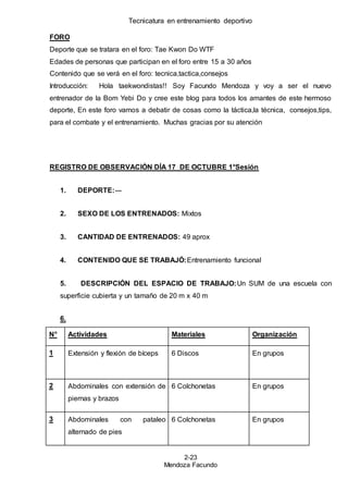Tecnicatura en entrenamiento deportivo
2-23
Mendoza Facundo
FORO
Deporte que se tratara en el foro: Tae Kwon Do WTF
Edades de personas que participan en el foro entre 15 a 30 años
Contenido que se verá en el foro: tecnica,tactica,consejos
Introducción: Hola taekwondistas!! Soy Facundo Mendoza y voy a ser el nuevo
entrenador de la Bom Yebi Do y cree este blog para todos los amantes de este hermoso
deporte, En este foro vamos a debatir de cosas como la táctica,la técnica, consejos,tips,
para el combate y el entrenamiento. Muchas gracias por su atención
REGISTRO DE OBSERVACIÓN DÍA 17 DE OCTUBRE 1°Sesión
1. DEPORTE:---
2. SEXO DE LOS ENTRENADOS: Mixtos
3. CANTIDAD DE ENTRENADOS: 49 aprox
4. CONTENIDO QUE SE TRABAJÓ:Entrenamiento funcional
5. DESCRIPCIÓN DEL ESPACIO DE TRABAJO:Un SUM de una escuela con
superficie cubierta y un tamaño de 20 m x 40 m
6.
N° Actividades Materiales Organización
1 Extensión y flexión de bíceps 6 Discos En grupos
2 Abdominales con extensión de
piernas y brazos
6 Colchonetas En grupos
3 Abdominales con pataleo
alternado de pies
6 Colchonetas En grupos
 