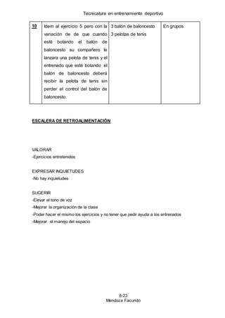 Tecnicatura en entrenamiento deportivo
8-23
Mendoza Facundo
10 Idem al ejercicio 5 pero con la
variación de de que cuando
esté botando el balón de
baloncesto su compañero le
lanzara una pelota de tenis y el
entrenado que esté botando el
balón de baloncesto deberá
recibir la pelota de tenis sin
perder el control del balón de
baloncesto.
3 balón de baloncesto
3 pelotas de tenis
En grupos
ESCALERA DE RETROALIMENTACIÓN
VALORAR
-Ejercicios entretenidos
EXPRESAR INQUIETUDES
-No hay inquietudes
SUGERIR
-Elevar el tono de voz
-Mejorar la organización de la clase
-Poder hacer el mismo los ejercicios y no tener que pedir ayuda a los entrenados
-Mejorar el manejo del espacio
 