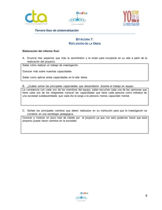 9
Tercera fase de sistematización
BITÁCORA 7:
REFLEXIÓN DE LA ONDA
Elaboración del informe final
A. Enuncie tres aspectos que más le asombraron y le sirvan para incorporar en su vida a partir de la
realización del proyecto.
Saber cómo realizar un trabajo de investigación.
Conocer más sobre nuestras capacidades
Saber como aplicar estas capacidades en la vida diaria.
B. ¿Cuáles serían las principales capacidades que desarrollaron durante el trabajo en equipo.
La convivencia con cada uno de los miembros del equipo, saber escuchar cada una de las opiniones que
tiene cada uno de los integrantes conocer las capacidades que tiene cada persona como individuo de
una sociedad subdesarrollada que cada día le exige a la persona menos capacidad mental.
C. Señale los principales cambios que deben realizarse en su institución para que la investigación se
convierta en una estrategia pedagógica.
Conocer y mostrar un poco mas de interés por el proyecto ya que con esto podemos hacer que este
proyecto pueda hacer cambios en la sociedad.
 