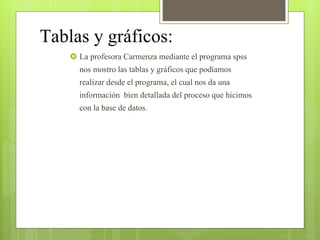 Tablas y gráficos:
 La profesora Carmenza mediante el programa spss
nos mostro las tablas y gráficos que podíamos
realizar desde el programa, el cual nos da una
información bien detallada del proceso que hicimos
con la base de datos.
 