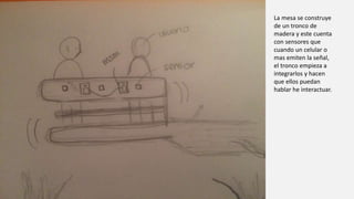 La mesa se construye
de un tronco de
madera y este cuenta
con sensores que
cuando un celular o
mas emiten la señal,
el tronco empieza a
integrarlos y hacen
que ellos puedan
hablar he interactuar.
 