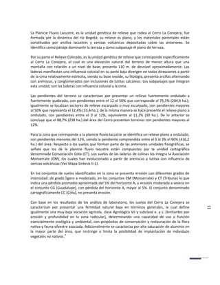 La Planicie Fluvio Lacustre, es la unidad genética de relieve que rodea al Cerro La Conejera, fue
formada por la dinámica del río Bogotá; su relieve es plano, y los materiales parentales están
constituidos por arcillas lacustres y cenizas volcánicas depositadas sobre las anteriores. Se
identifica como paisaje dominante la terraza y como subpaisaje el plano de terraza.

Por su parte el Relieve Colinado, es la unidad genética de relieve que corresponde específicamente
al Cerro La Conejera, el cual es una elevación natural del terreno de menor altura que una
montaña con relación a un nivel de base; presenta 110 m. de desnivel aproximadamente. Las
laderas manifiestan una influencia coluvial en su parte baja divergen en todas direcciones a partir
de la cima relativamente estrecha, siendo su base ovoide, su litología, presenta arcillas alternando
con areniscas, y conglomerados con inclusiones de lutitas calcáreas. Los subpaisajes que integran
esta unidad, son las laderas con influencia coluvial y la cima.

Las pendientes del terreno se caracterizan por presentar un relieve fuertemente ondulado a
fuertemente quebrado, con pendientes entre el 12 al 50% que corresponde al 76,3% (204,6 ha.);
igualmente se localizan sectores de relieve escarpado o muy escarpado, con pendientes mayores
al 50% que representa el 12,4% (33,4 ha.); de la misma manera se hace presente el relieve plano a
ondulado, con pendientes entre el 0 al 12%, equivalente al 11,2% (30 ha.). De lo anterior se
concluye que el 88,7% (238 ha.) del área del Cerro presentan terrenos con pendientes mayores al
12%.

Para la zona que corresponde a la planicie fluvio lacustre se identifica un relieve plano a ondulado,
con pendientes menores del 12%, siendo la pendiente comprendida entre el 0 al 3% el 90% (416,2
ha.) del área. Respecto a los suelos que forman parte de las anteriores unidades fisiográficas, se
señala que los de la planicie fluvio lacustre están compuestos por la unidad cartográfica
denominada Consociación Cota (CT). Los suelos de las laderas de colinas los integra la Asociación
Monserrate (CM), los cuales han evolucionado a partir de areniscas y lutitas con influencia de
cenizas volcánicas (Ver Mapa Síntesis II-2).

En los conjuntos de suelos identificados en la zona se presenta erosión con diferentes grados de
intensidad: de grado ligero a moderado, en los conjuntos CM (Monserrate) y CT (Tribuna) lo que
indica una pérdida promedio aproximada del 5% del horizonte A, y erosión moderada a severa en
el conjunto CG (Guadalupe), con pérdida del horizonte A, mayor al 5%. El conjunto denominado
cartográficamente CC (Cota), no presenta erosión.

Con base en los resultados de los análisis de laboratorio, los suelos del Cerro La Conejera se
caracterizan por presentar una fertilidad natural baja en términos generales, la cual define
                                                                                                        11
igualmente una muy baja vocación agrícola, clase Agrológica VII y subclase e. y s. (limitantes por
erosión y profundidad en la zona radicular), determinando una capacidad de uso o función
esencialmente ecológica y ambiental, con propósitos de conservación y restauración de la flora
nativa y fauna silvestre asociada. Adicionalmente se caracteriza por alta saturación de aluminio en
la mayor parte del área, que restringe o limita la posibilidad de implantación de individuos
vegetales no nativos.”
 