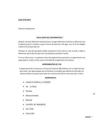 Junio 17 de 2011



Informe Cianobacerias:



                          RESULTADOS DEL EXPERIMENTO# 1

Después de hacer diferentes observaciones y recoger diferentes muestras se determina que
el experimento # 1 contiene un gran número de bacterias y de algas que no se han llegado
a determinar de qué tipo son.

Tampoco se supo de qué gases estaba compuesto el tarro pero lo que se pudo a llegar a
determinar por el olor fue que eran unas bacterias que fijan el azufre.

P ero se informa que se realizaron otros dos experimentos para hacer un experimento mas
organizado en cuanto a cifras pesos y facilidad de recogimiento de muestras.

                                 EXPERIMENTOS #2 Y #3

 El experimento #2 se realiza en un frasco de schott de 250 mililitros, con un tapón de hule
 para evitar que algunos gases que se formaran se escapen que además es reforzado con
  silicona también es puesto para tomar las muestras más fácil sin tener que abrir el tarro.

                                    INGREDIENTES:

      •   Fosfato di fosfático o ( K2Hp04)

      •   Sal o ( Nacl)

      •   Glucosa

      •   Micronutrientes                                                                      11

      •   Manitol

      •   SULFATO DE MAGNESIO

      •   Sln C-DTA

      •   Cau2-Call2
 