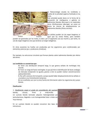La Paleoicnología estudia los icnofósiles o
                                                   huellas de la actividad orgánica fosilizada en las
                                                   rocas.
                                                   Esta actividad puede darse en la forma de la
                                                   excavación de madrigueras o galerías en
                                                   sedimentos blandos (Burrows) o en materiales
                                                   duros (Perforaciones oBorings), así como en
                                                   forma de marcas de desplazamiento en
                                                   sedimentos blandos (Pistas oIcnitas).


                                                  Las señales pueden ser de origen biogénico al
                                                  igual que los restos fósiles, pero también
pueden ser generadas por los restos, es decir, por el organismo una vez muerto y, por tanto, no
son de origen biogénico sino que tendrían un origen tafogénico.


En otras ocasiones las huellas son producidas por los organismos pero condicionadas por
elementos externos (p.e. condiciones climáticas).


Por ejemplo, las estructuras circulares que forman plantas sobre sedimentos blandos por efecto
del viento.


Los icnofósiles se caracterizan por:
        A. Tener una distribución temporal larga, lo que genera señales de morfología más
        sencilla.
        B. Tener un rango de facies restringido, lo que permite la identificación de facies análogas
        de intervalos temporales no iguales, gracias a esto se pueden realizar caracterizaciones
        paleoambientales.
        C. No sufrir procesos de transporte, aunque puede haber desplazamiento de las señales si
        se produce una mineralización temprana.
        D. Los icnofósiles son casi la única fuente de información sobre los organismos de cuerpo
        blando.

Clasificación.
                                                                                                        11
1. Clasificación según el grado de consolidación del sustrato:
blando,        viscoso,    firme     y      endurecido.
Un sustrato blando laminado adquiere heterogeneidad por
perturbaciones, llegando a una homogeneidad total si éstas son
muy intensas.

En un sustrato blando se pueden encontrar dos tipos de
estructuras:
 