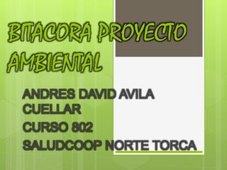 BITACORA PROYECTO
AMBIENTAL
ANDRES DAVID AVILA
CUELLAR
CURSO 802
SALUDCOOP NORTE TORCA
 