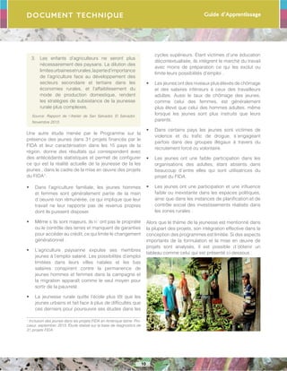 Guide d’Apprentissage
10
Document Technique
3.	 Les enfants d’agriculteurs ne seront plus
nécessairement des paysans. La dilution des
limitesurbainesetrurales,laperted’importance
de l’agriculture face au développement des
secteurs secondaire et tertiaire dans les
économies rurales, et l’affaiblissement du
mode de production domestique, rendent
les stratégies de subsistance de la jeunesse
rurale plus complexes.
Source: Rapport de l´Atelier de San Salvador, El Salvador,
Novembre 2013.
Une autre étude menée par le Programme sur la
présence des jeunes dans 31 projets financés par le
FIDA et leur caractérisation dans les 15 pays de la
région, donne des résultats qui correspondent avec
des antécédants statistiques et permet de configurer
ce qui est la réalité actuelle de la jeunesse de la les
jeunes , dans le cadre de la mise en œuvre des projets
du FIDA1
:
•	 Dans l’agriculture familiale, les jeunes hommes
et femmes sont généralement partie de la main
d´oeuvre non rémunérée, ce qui implique que leur
travail ne leur rapporte pas de revenus propres
dont ils puissent disposer.
•	 Même s´ils sont majeurs, ils n´ ont pas le propriété
ou le contrôle des terres et manquent de garanties
pour accéder au crédit, ce qui limite le changement
générationnel .
•	 L’agriculture paysanne expulse ses membres
jeunes à l’emploi salarié. Les possibilités d’emploi
limitées dans leurs villes natales et les bas
salaires conspirent contre la permanence de
jeunes hommes et femmes dans la campagne et
la migration apparaît comme le seul moyen pour
sortir de la pauvreté .
•	 La jeunesse rurale quitte l’école plus tôt que les
jeunes urbains et fait face à plus de difficultés que
ces derniers pour poursuivre ses études dans les
1
Inclusion des jeunes dans les projets FIDA en Amérique latine. Pro-
casur, september, 2013. Étude réalisé sur la base de diagnostics de
31 projets FIDA.
cycles supérieurs. Étant victimes d’une éducation
décontextualisée, ils intègrent le marché du travail
avec moins de préparation ce qui les exclut ou
limite leurs possibilités d’emploi .
•	 Les jeunes ont des niveaux plus élevés de chômage
et des salaires inférieurs à ceux des travailleurs
adultes. Aussi le taux de chômage des jeunes,
comme celui des femmes, est généralement
plus élevé que celui des hommes adultes, même
lorsque les jeunes sont plus instruits que leurs
parents.
•	 Dans certains pays les jeunes sont victimes de
violence et du trafic de drogue, s´engageant
parfois dans des groupes illégaux à travers du
recrutement forcé ou volontaire.
•	 Les jeunes ont une faible participation dans les
organisations des adultes, étant absents dans
beaucoup d´entre elles qui sont utilisatrices du
projet du FIDA.
•	 Les jeunes ont une participation et une influence
faible ou inexistante dans les espaces politiques,
ainsi que dans les instances de planification et de
contrôle social des investissements réalisés dans
les zones rurales .
Alors que le thème de la jeunesse est mentionné dans
la plupart des projets, son intégration effective dans la
conception des programmes est limitée. Si des aspects
importants de la formulation et la mise en œuvre de
projets sont analysés, il est possible d´obtenir un
tableau comme celui qui est présenté ci-dessous :
 