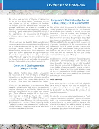 L´Expérience de PRODEMORO
59
De même, des tournées d’échange d´expériences
ont eu lieu avec la participation des jeunes femmes
des groupes, ce qui leur a permis de visualiser
de bonnes pratiques administratives, connaître la
politique nationale sur les femmes au Salvador, et se
former sur des questions de comptabilité, production,
marketing, genre, renforcement entrepreneurial pour
les organisations de producteurs, et l’intégration
d´utilisateurs jeunes pour assurer la pérennité des
actions.
Afin de contribuer à la durabilité des organisations qui
mettentenœuvrelesentreprisesrurales,lerenforcement
de la vision entrepreneuriale de ses membres est
considéré comme essentiel. C´est pourquoi, un
Programme de Renforcement des Entreprises a lieu
après avoir analysé les résultats des organisations par
le biais d´un processus d’Évaluation Organisationnelle
et des Affaires. Ce programme comprend des séances
de formation et de conseil auxquelles participent les
jeunes enfants des partenaires des organisations.
Composante 2.Développement des
entreprises rurales
Les actions menées dans cette composante
se rapportent à la mise en œuvre d’entreprises
compétitives et durables, et leur intégration dans les
chaînes de valeur. À titre indicatif, la composante vise
à intégrer 15% de jeunes dans les entreprises rurales.
L’intégration des agriculteurs de subsistance au “Plan
de l’Agriculture Familiale” dans le cadre d’une stratégie
de pays, orientée par le Ministère de l’Agriculture et de
l´Élevage, est également inclue. Ce plan a été soutenu
par CENTA, institution chargée de la productivité,
ainsi que par la FAO qui fournit des conseils
méthodologiques, et le MAG-PRODEMORO qui fourni
un soutien technique. Elle se concentre également sur
le développement de divers projets visant à faciliter le
“soulagement de la charge domestique” des femmes,
afin de parvenir à une participation active dans leurs
organisations et leurs entreprises.
Composante 3.Réhabilitation et gestion des
ressources naturelles et de l’environnement
Les actions visent à promouvoir la réhabilitation des
zones géographiques dégradées et l´établissement
de systèmes pour l´utilisation la gestion durable des
ressources. Dans ce contexte, des stratégies de
production et de culture qui soient respectueuses de
l´environnement, ainsi que des pratiques de gestion
des ressources naturelles, sont fortement encouragées.
Même avec la difficulté que représente le changement
d´attitudes, les résultats de la composante ont été
satisfaisants dans la mesure que des changements
progressifs vers des pratiques écologiques durables
commencent à apparaître, et il y a même des zones
dans lesquelles les incendies ne sont plus utilisés
comme une technique de défrichage.
Lié à ce dernier point, des formations et des campagnes
d´éducation environnementale sont menées et
dans lesquelles les jeunes ont un rôle important
avec d’autres partenaires stratégiques tels que les
municipalités et les communautés, pour la promotion
de la gestion durable des ressources naturelles. Cela
se fait principalement dans 13 municipalités prioritaires
afin de s´assurer de la bonne utilisation des ressources
naturelles, en particulier l’eau.
Unité de Genre
Cette Unité travaille sur la réduction des inégalités
et du manque d´équité. Pour cette fin, des plans de
sensibilisation sont faits par les membres de l´Unité,
la Coordination, les fournisseurs de services et les
populations desservies.
En outre, les femmes et les jeunes utilisateurs du Projet
reçoivent des soutiens par le biais d´actions affirmatives
telles que des campagnes médicales, des cercles
d’alphabétisation, de l’enseignement à distance, des
matériaux pédagogiques, la sensibilisation des jeunes
sur des compétences de vie, le leadership et des
événements d’autonomisation des femmes.
 
