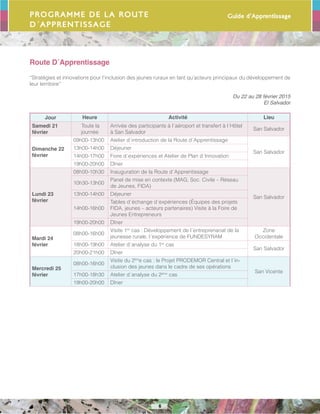 Guide d’Apprentissage
6
Programme de la Route
d´Apprentissage
Route D´Apprentissage
“Stratégies et innovations pour l’inclusion des jeunes ruraux en tant qu’acteurs principaux du développement de
leur territoire”
Du 22 au 28 février 2015
El Salvador
Jour Heure Activité Lieu
Samedi 21
février
Toute la
journée
Arrivée des participants à l´aéroport et transfert à l´Hôtel
à San Salvador
San Salvador
Dimanche 22
février
09h00-13h00 Atelier d´introduction de la Route d´Apprentissage
San Salvador
13h00-14h00 Déjeuner
14h00-17h00 Foire d´expériences et Atelier de Plan d´Innovation
19h00-20h00 Dîner
Lundi 23
février
08h00-10h30 Inauguration de la Route d´Apprentissage
San Salvador
10h30-13h00
Panel de mise en contexte (MAG, Soc. Civile – Réseau
de Jeunes, FIDA)
13h00-14h00 Déjeuner
14h00-16h00
Tables d´échange d´expériences (Équipes des projets
FIDA, jeunes – acteurs partenaires) Visite à la Foire de
Jeunes Entrepreneurs
19h00-20h00 Dîner
Mardi 24
février
08h00-16h00
Visite 1er
cas : Développement de l´entreprenariat de la
jeunesse rurale, l´expérience de FUNDESYRAM
Zone
Occidentale
18h00-19h00 Atelier d´analyse du 1er
cas
San Salvador
20h00-21h00 Dîner
Mercredi 25
février
08h00-16h00
Visite du 2èm
e cas : le Projet PRODEMOR Central et l´in-
clusion des jeunes dans le cadre de ses opérations
San Vicente
17h00-18h30 Atelier d´analyse du 2ème
cas
19h00-20h00 Dîner
 