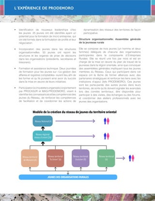 L´Expérience de PRODEMORO
62
Modèle de la création du réseau de jeunes du territoire oriental
Réseau National (4)
Réseau régional
réseau d´orient (26)
JEUNES DES ORGANISATIONS RURALES
Réseau territorial
de Morazan (6)
Réseau territorial
“la Union” (6)
Réseau territorial
Usulutan (8)
Réseau territorial
(6)
•	 Identification de nouveaux leaderships chez
les jeunes. 25 jeunes ont été identifiés ayant un
potentiel pour la formation de micro entreprise, qui
ont été formés dans la formulation de profils et leur
négociation.
•	 Incorporation des jeunes dans les structures
organisationnelles. 50 jeunes ont rejoint les
structures et les organes de prise de décisions
dans les organisations (présidents, secrétaires et
trésoriers).
•	 Formation et assistance technique. Deux journées
de formation pour les jeunes sur «La gestion des
affaires et registres comptables» eurent lieu afin de
les former et qu´ils puissent ainsi avoir du succès
dans la mise en œuvre de leurs initiatives.
•	 Participationàcinqateliersorganisésconjointement
par PROCASUR et MAG-PRODEMORO, visant à
identifierlesconnaissancesetlescompétencesdes
jeunes du Réseau, de renforcer les compétences
de facilitation et de coordonner les actions de
dynamisation des réseaux des territoires de façon
participative.
Structure organisationnelle: Assemblée générale
de la jeunesse rurale
Elle se compose de trois jeunes (un homme et deux
femmes) délégués de chacune des organisations
participantes dans la composante d´Entreprises
Rurales. Elle se réunit une fois par mois et est en
charge de la mise en œuvre du plan de travail de la
jeunesse dans la région orientale, ainsi que convoquer
des assemblées générales impliquant tous les jeunes
membres du Réseau. Ceux qui participent dans cet
espace ont la tâche de former alliances avec des
partenaires stratégiques et renforcer les liens avec les
institutions d’appui (tels PRODEMORO). Ces jeunes
sont les porte-parole des autres jeunes dans leurs
territoires, de sorte qu’ils doivent signaler les avancées
lors des comités territoriaux, être disponible pour
participer à des visites, des échanges ou des forums,
et coordonner des ateliers professionnels avec les
jeunes des organisations.
 
