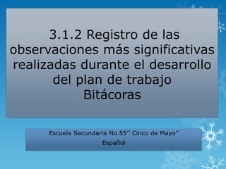 3.1.2 Registro de las
observaciones más significativas
realizadas durante el desarrollo
del plan de trabajo
Bitácoras
Escuela Secundaria No.55’’ Cinco de Mayo’’
Español

 