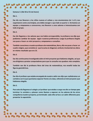 Semana 3. (Del 26 al 31 de Enero)
Día 1.
Ese día nos llevaron a los niños nuevos al coliseo y nos enumeramos de 1 al 3, nos
organizaron como una brújula, uno debía escoger a que lado se quería ir, formamos un
equipo y empezamos a conocernos, nos llevaron a unos salones e interactuamos con
todo el grupo.
Día 2.
Ese día llegamos a los salones que nos había correspondido, la profesora nos dijo que
podíamos cambiar de equipo según nuestras preferencias. Luego la profesora Angela
nos puso a hacer un mini proyecto y empezamos a consultar.
También conocimos a nuestra profesora de matemáticas, Nora, ella nos puso a hacer un
cuadro mágico, que consistía en que la suma en diagonal, vertical y horizontal nos diera
en mismo resultado que era 15.
Día 3.
Ese día continuamos investigandosobre el mini proyecto que habíamos elegido, así que
nos dirigimos a prestar computadores para que la consulta nos quedara más completa.
También ese día la profesora Nora del área de matemáticas, nos enseñó todas las
figuras geométricas.
Día 4.
Ese día el profesor que estaba encargadode nuestro salón nos dijo que realizáramos un
cartelera con lo que queríamos exponer frente a la clase, referente al mini proyecto que
habíamos elegido.
Día 5.
Para este día llegamos al colegio y el profesor que estaba a cargo nos dio un tiempo para
terminar la cartelera y planear como íbamos a exponer en los salones de los otros
compañeros nuestro proyecto, ya terminado cada niño se fue a un salón diferente para
presentar la exposición.
 