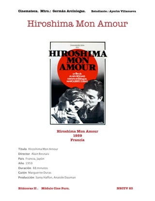 Cinemateca. Mtro.: Germán Arciniegas. Estudiante.: Ayerím Villanueva 
Hiroshima Mon Amour 
Hiroshima Mon Amour 
1959 
Francia 
Título: Hiroshima Mon Amour 
Director: Alain Resnais 
País: Francia, Japón 
Año: 1959 
Duración: 88 minutos 
Guión: Marguerite Duras 
Producción: Samy Halfon, Anatole Dauman 
Bitácoras II . Módulo Cine Puro. NECTV 20 
 