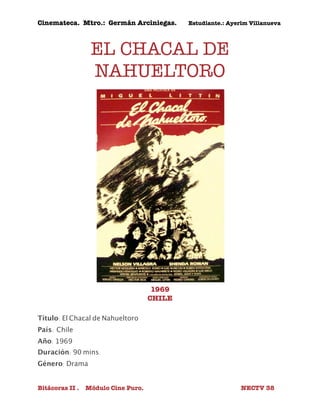 Cinemateca. Mtro.: Germán Arciniegas. Estudiante.: Ayerím Villanueva 
EL CHACAL DE 
NAHUELTORO 
1969 
CHILE 
Título: El Chacal de Nahueltoro 
País: 
Chile 
Año: 1969 
Duración: 90 mins. 
Género: Drama 
Bitácoras II . Módulo Cine Puro. NECTV 38 
 