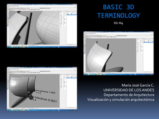 María José García C.
UNIVERSIDAD DE LOSANDES
Departamento de Arquitectura
Visualización y simulación arquitectónica
BASIC 3D
TERMINOLOGY
01-04
 