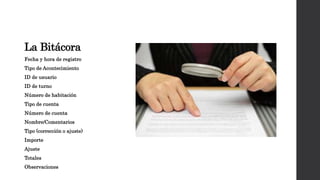 La Bitácora
Fecha y hora de registro
Tipo de Acontecimiento
ID de usuario
ID de turno
Número de habitación
Tipo de cuenta
Número de cuenta
Nombre/Comentarios
Tipo (corrección o ajuste)
Importe
Ajuste
Totales
Observaciones
 