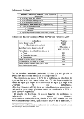 Indicadores Sociales 2 :

               Acceso a Servicios Básicos (% de Viviendas
                                                                                  1/
                                ocupadas)
                Con Agua de red pública                                                 41%
                Con desagüe a red pública                                               19%
                Con alumbrado eléctrico                                                 36%
             Indicadores de Bienestar (% de personas)
                Tasa de Analfabetismo                                                   21%
                   o Varones                                                            10%
                   o Mujeres                                                            34%
                Desnutrición crónica en niños de 6-9 años                               38%

Indicadores de pobreza según Mapa de Pobreza Foncodes 2006

                            Indicadores                                          Valores
           Índice de carencias 1/                                                0.8230
                  o Ranking a nivel nacional                                      1476
                                                                             1 = Mas pobre o
           Quintil del índice de carencias 2/
                                                                              pobre extremo
           Porcentaje de la población sin acceso a:
              • Agua                                                                   53%
              • Desagüe / letrinas                                                     40%
              • Electricidad                                                           62%
           Tasa de analfabetismo mujeres                                               34%
           Porcentaje de niños de 0-12 años                                            37%
           Tasa de desnutrición crónica año 1999
                                                                                       54%
           (escolares de 6-9 años)



De los cuadros anteriores podemos concluir que en general la
prestación de servicios no llega a toda la población:
 - Abastecimiento de agua, el 84% de la población se abastece de
agua de las acequias, manantiales, ríos. El 16% hace uso de las
redes de agua que llegan a sus domicilios. El agua que llega a las
viviendas               no             está               potabilizada.
- Servicio Higiénico, el 25% tiene servicios higiénicos, conectados a
red publica, pozo ciego, y/o conectado a un canal o río; el 75% no
tiene servicios higiénicos.
- El distrito de Caylloma no posee lagunas de oxidación, ni
tratamiento               de              aguas              servidas.
- En cuanto a la electrificación, desde el año 1997 cuenta con una
Mini Central Hidroeléctrica, que abastece al 26% de la población, el
2
 Toda la información estadística incluida en este documento tiene como fuente el documento de Línea de
base realizado por el Proyecto Sierra Sur. 2005
 