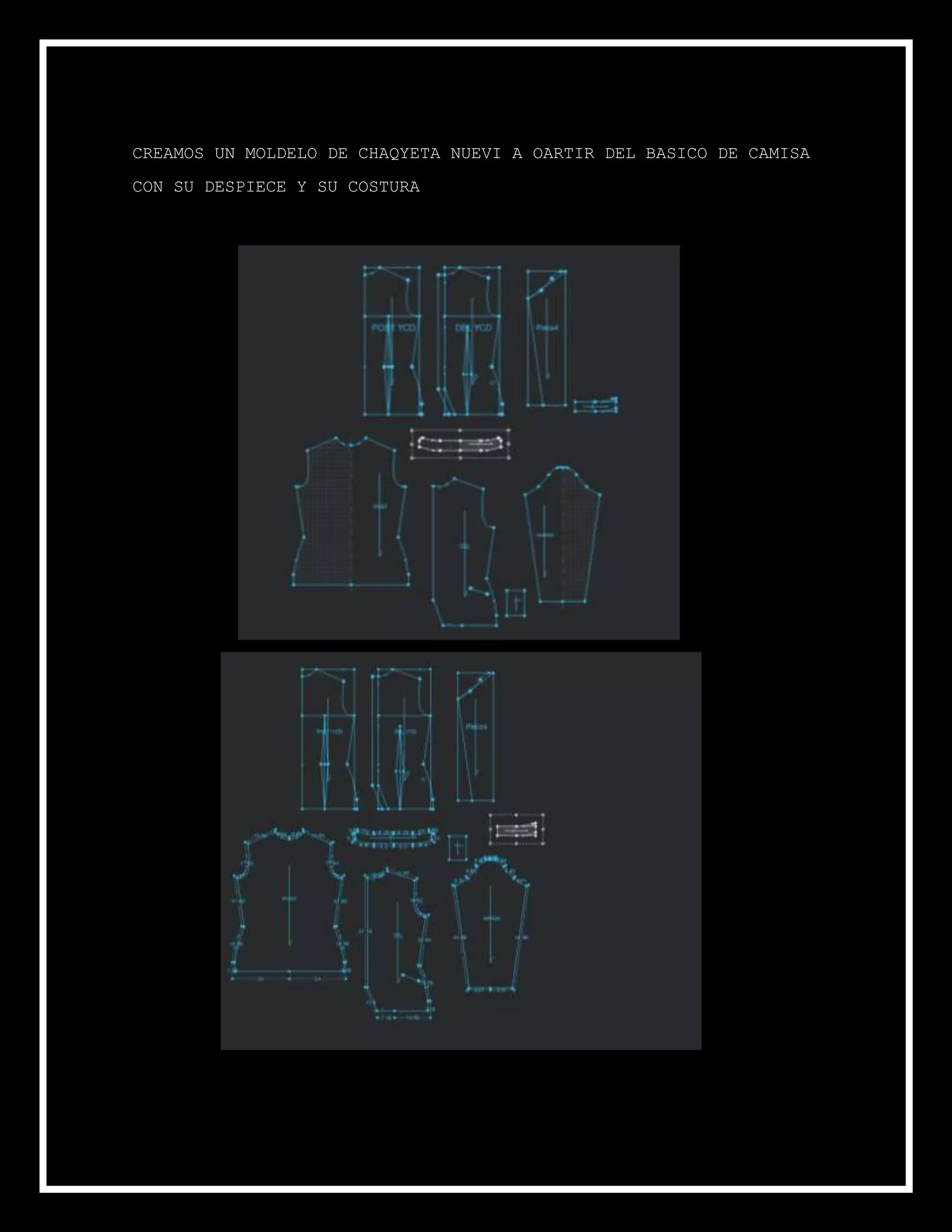 CREAMOS UN MOLDELO DE CHAQYETA NUEVI A OARTIR DEL BASICO DE CAMISA
CON SU DESPIECE Y SU COSTURA
 