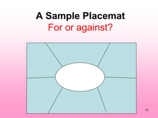 A Sample Placemat
  For or against?




                    17
 