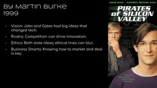 By Martin burke
1999
- Vision: Jobs and Gates had big ideas that
changed tech.
- Rivalry: Competition can drive innovation.
- Ethics: Both stole ideas; ethical lines can blur.
- Business Smarts: Knowing how to market and deal
is key.
 