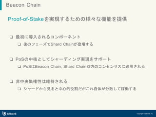 Proof-of-Stakeを実現するための様々な機能を提供
❏ 最初に導入されるコンポーネント
❏ 後のフェーズでShard Chainが登場する
❏ PoSの中核としてシャーディング実現をサポート
❏ PoSはBeacon Chain, Shard Chain双方のコンセンサスに適用される
❏ 非中央集権性は維持される
❏ シャードから見ると中心的役割だがこれ自体が分散して稼働する
Copyright © bitbank, inc.
Beacon Chain
 