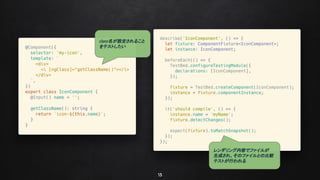 13
class名が設定されること
をテストしたい
レンダリング内容でファイルが
生成され、そのファイルとの比較
テストが行われる
 