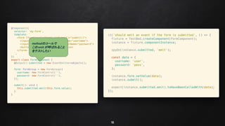 18
methodのコールで
このemit が呼ばれること
をテストしたい
 