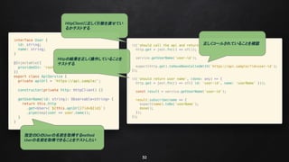 32
指定のIDのUserの名前を取得するmethod
Userの名前を取得できることをテストしたい
HttpClientに正しく引数を渡せてい
るかテストする
正しくコールされていることを確認
Httpの結果を正しく操作していることを
テストする
 