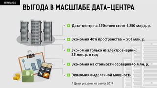 BITBLAZE
BITBLAZE new SAS
Резервируемый
БП 1000 Вт 2N+1
Модули БП
с горячей заменой AC 220
Host Based
Adapter
60 х HDD 3,5’
с возможностью
горячей замены
опционально
PCI–Exp
Gen3 –8X
80 Gb/s
MB 1 или 2 СPU
2X48 Gb/S
Expanders
Backplanes
SAS3
Технические характеристики:
BITBLAZE 60 SAS/SATA3
Цена $6000
Опционально:
Поддерживаемое ПО:
Fibre Channel
10GbE
Infiniband
ОС Linux, Windows Server
ОС для СХД: FreeNAS, Openfiler, Raidix, Nexenta
Кол-во дисков 3.5'' 60 дисков с горячей заменой
4 диска горячей заменой
1 x HBA LSI 12Gb/s SAS 9300
2 x SAS Expander LSI 12Gb/s SAS3x36
Xeon E5, Xeon E5 v2, Xeon E5 v3
До 512Gb (1CPU), до 1Tb (2CPU)
3 x PCI-E 3.0 x8, 2 x PCI-E 3.0 x4
2 x 1 Гигабит или 2 x 10 Гигабит
950W резервируемый по схеме 2N+1
4U, глубина 890мм для версии на 60 дисков
29,5 кг без HDD для версии на 60 дисков
36 месяцев
33.6 гигабит в секунду (4200 мегабайт в секунду)
IPMI 2.0 с веб-интерфейсом, виртуальный KVM
Intel® C612 Express chipset
(для версии на процессорах Xeon E5 v3)
Intel® C602 chipset
Кол-во дисков 2.5''
Контроллер:
Чипсет
Процессор
Оперативная память
Интерфейсы
Сеть
Удаленное управление
Блок питания
Габариты
Вес
Гарантия
Максимальная скорость
доступа (при равной
нагрузке на все диски)
Система охлаждения
12 FAN x900 CFM.
Суммарная потребление
до 64.8 Вт
Fibre Channel
InfiniBand
10 GbE
CPU: 2 x Xeon X6 E5-2620v2
RAM: 32 GB DDR3 ECC Reg
LAN: 2x10Гигабит + IPMI
 