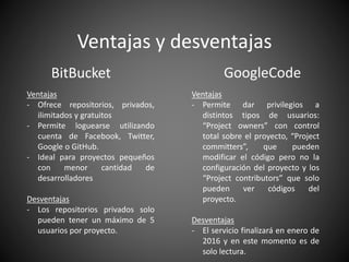 BitBucket GoogleCode
Ventajas
- Ofrece repositorios, privados,
ilimitados y gratuitos
- Permite loguearse utilizando
cuenta de Facebook, Twitter,
Google o GitHub.
- Ideal para proyectos pequeños
con menor cantidad de
desarrolladores
Desventajas
- Los repositorios privados solo
pueden tener un máximo de 5
usuarios por proyecto.
Ventajas y desventajas
Ventajas
- Permite dar privilegios a
distintos tipos de usuarios:
“Project owners” con control
total sobre el proyecto, “Project
committers”, que pueden
modificar el código pero no la
configuración del proyecto y los
“Project contributors” que solo
pueden ver códigos del
proyecto.
Desventajas
- El servicio finalizará en enero de
2016 y en este momento es de
solo lectura.
 