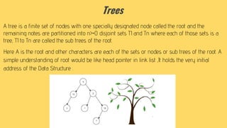Trees
A tree is a finite set of nodes with one specially designated node called the root and the
remaining notes are partitioned into n>=0 disjoint sets T1 and Tn where each of those sets is a
tree, T1 to Tn are called the sub trees of the root.
Here A is the root and other characters are each of the sets or nodes or sub trees of the root. A
simple understanding of root would be like head pointer in link list ,It holds the very initial
address of the Data Structure .
 