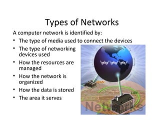 Types of Networks
A computer network is identified by:
• The type of media used to connect the devices
• The type of networking
devices used
• How the resources are
managed
• How the network is
organized
• How the data is stored
• The area it serves
 