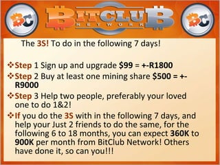 The 3S! To do in the following 7 days!
Step 1 Sign up and upgrade $99 = +-R1800
Step 2 Buy at least one mining share $500 = +-
R9000
Step 3 Help two people, preferably your loved
one to do 1&2!
If you do the 3S with in the following 7 days, and
help your Just 2 friends to do the same, for the
following 6 to 18 months, you can expect 360K to
900K per month from BitClub Network! Others
have done it, so can you!!!
 