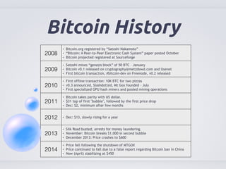 Bitcoin History 
2008 
• Bitcoin.org registered by “Satoshi Nakamoto” 
• “Bitcoin: A Peer-to-Peer Electronic Cash System” paper posted October 
• Bitcoin projected registered at Sourceforge 
2009 
• Satoshi mines “genesis block” of 50 BTC – January 
• Bitcoin v0.1 released on cryptography@metzdowd.com and Usenet 
• First bitcoin transaction, #bitcoin-dev on Freenode, v0.2 released 
2010 
• First offline transaction: 10K BTC for two pizzas 
• v0.3 announced, Slashdotted, Mt Gox founded – July 
• First specialized GPU hash miners and pooled mining operations 
2011 
• Bitcoin takes parity with US dollar. 
• $31 top of first "bubble", followed by the first price drop 
• Dec: $2, minimum after few months 
2012 • Dec: $13, slowly rising for a year 
2013 
• Silk Road busted, arrests for money laundering. 
• November: Bitcoin breaks $1,000 in second bubble 
• December 2013: Price crashes to $600 
2014 
• Price fell following the shutdown of MTGOX 
• Price continued to fall due to a false report regarding Bitcoin ban in China 
• Now (April) stabilizing at $450 
 