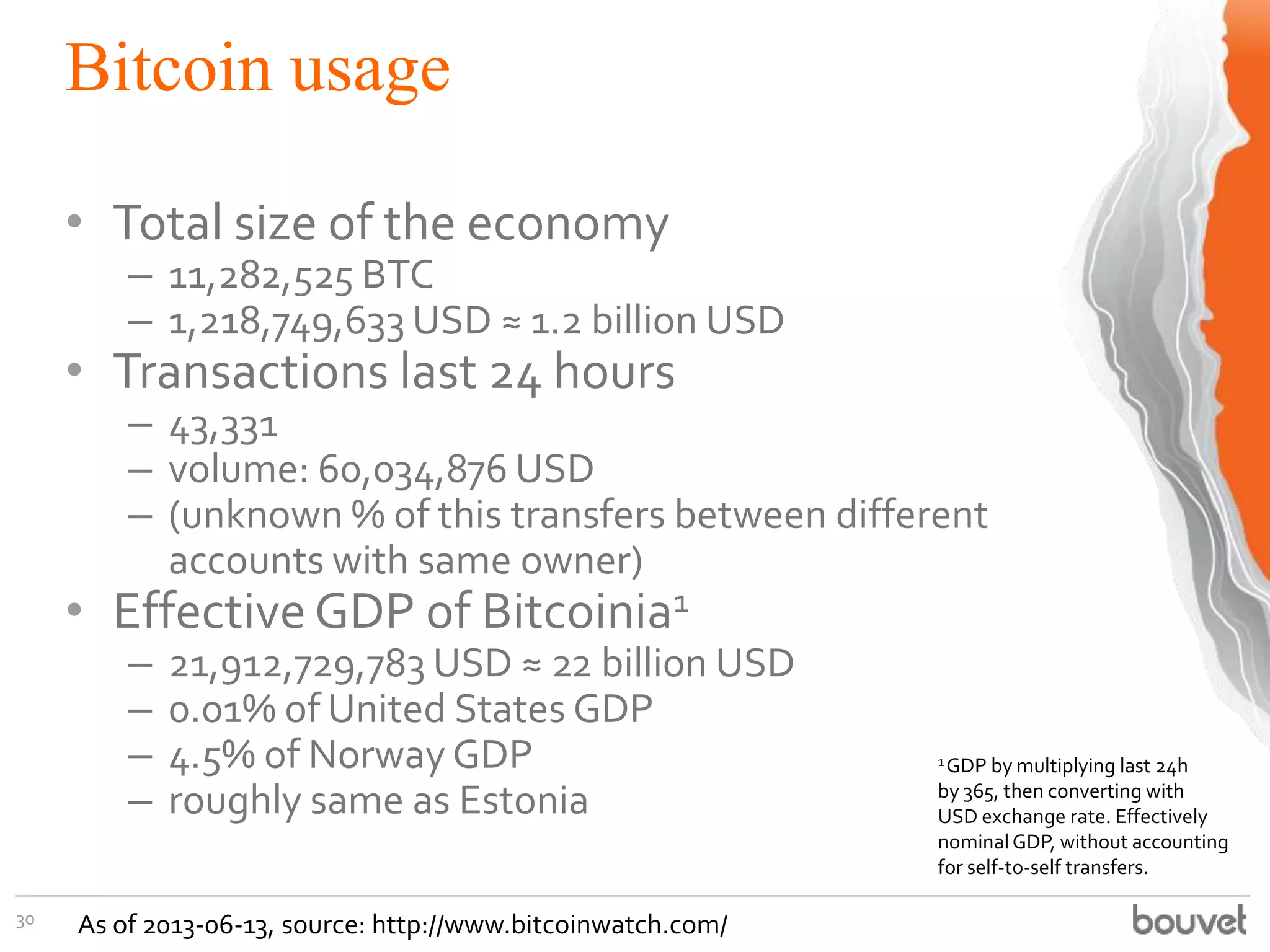 Bitcoin usage
30
• Total size of the economy
– 11,282,525 BTC
– 1,218,749,633 USD ≈ 1.2 billion USD
• Transactions last 24 hours
– 43,331
– volume: 60,034,876 USD
– (unknown % of this transfers between different
accounts with same owner)
• Effective GDP of Bitcoinia1
– 21,912,729,783 USD ≈ 22 billion USD
– 0.01% of United States GDP
– 4.5% of Norway GDP
– roughly same as Estonia
As of 2013-06-13, source: http://www.bitcoinwatch.com/
1GDP by multiplying last 24h
by 365, then converting with
USD exchange rate. Effectively
nominalGDP, without accounting
for self-to-self transfers.
 