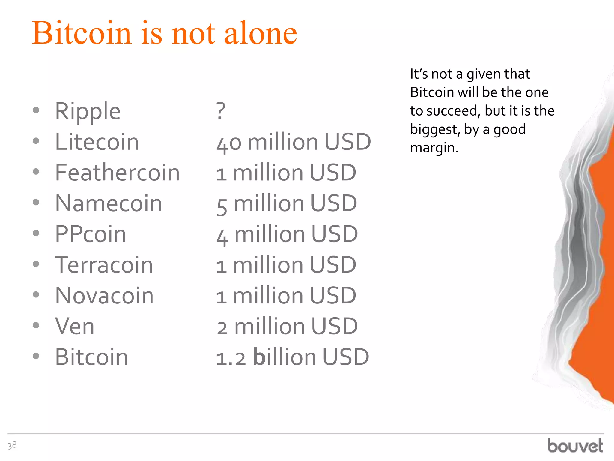 Bitcoin is not alone
• Ripple ?
• Litecoin 40 million USD
• Feathercoin 1 million USD
• Namecoin 5 million USD
• PPcoin 4 million USD
• Terracoin 1 million USD
• Novacoin 1 million USD
• Ven 2 million USD
• Bitcoin 1.2 billion USD
38
It’s not a given that
Bitcoin will be the one
to succeed, but it is the
biggest, by a good
margin.
 