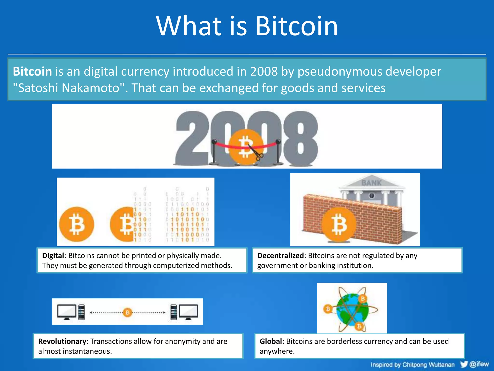 What is Bitcoin
Bitcoin is an digital currency introduced in 2008 by pseudonymous developer
"Satoshi Nakamoto". That can be exchanged for goods and services

Digital: Bitcoins cannot be printed or physically made.
They must be generated through computerized methods.

Revolutionary: Transactions allow for anonymity and are
almost instantaneous.

Decentralized: Bitcoins are not regulated by any
government or banking institution.

Global: Bitcoins are borderless currency and can be used
anywhere.

 