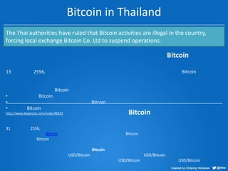 Bitcoin in Thailand
The Thai authorities have ruled that Bitcoin activities are illegal in the country,
forcing local exchange Bitcoin Co. Ltd to suspend operations.

Bitcoin
13

2556,

Bitcoin

Bitcoin
•
•
•

Bitcoin
Bitcoin
Bitcoin

Bitcoin

http://www.blognone.com/node/46923

31

2556,
Bitcoin
Bitcoin

Bitcoin

Bitcoin

USD/Bitcoin

USD/Bitcoin
USD/Bitcoin

USD/Bitcoin

 