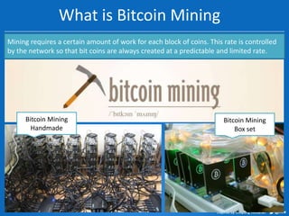 What is Bitcoin Mining
Mining requires a certain amount of work for each block of coins. This rate is controlled
by the network so that bit coins are always created at a predictable and limited rate.

Bitcoin Mining
Handmade

Bitcoin Mining
Box set

 