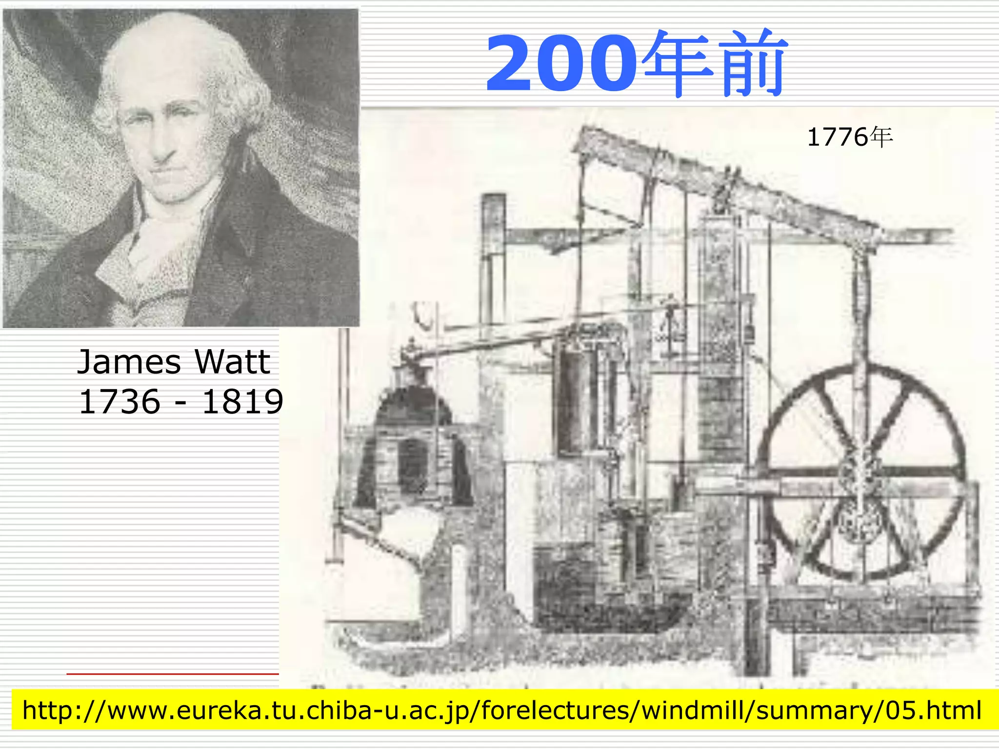James Watt
1736 - 1819
http://www.eureka.tu.chiba-u.ac.jp/forelectures/windmill/summary/05.html
1776年
200年前
 