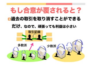 もし合意が覆されると？
p 過去の取引を取り消すことができる
だけ、なので、頑張っても利益は小さい
多数派 少数派
取引記録
 
