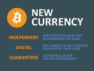 INDEPENDENT NOT CONTROLLED BY ANY
GOVERNMENT OR BANK
DIGITAL NOT LINKED TO ANY PHISICAL
EQUIVALENT SUCH CASH
GUARANTEED SUPPORTED BY THE
LIMITED COMMODITY
NEW
CURRENCY
 