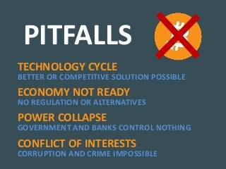 TECHNOLOGY CYCLE
BETTER OR COMPETITIVE SOLUTION POSSIBLE
ECONOMY NOT READY
NO REGULATION OR ALTERNATIVES
POWER COLLAPSE
GOVERNMENT AND BANKS CONTROL NOTHING
CONFLICT OF INTERESTS
CORRUPTION AND CRIME IMPOSSIBLE
PITFALLS
 