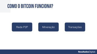 Como o bitcoin funciona?
Rede P2P Mineração Transações
 