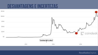 desvantagens e incertezas
Da mesma forma que o preço do Bitcoin ﬁcou
300% maior em 7 meses, ele poderia ter
ocorrido o oposto
Você gostaria que a sua moeda sofresse tanta
oscilação?
 